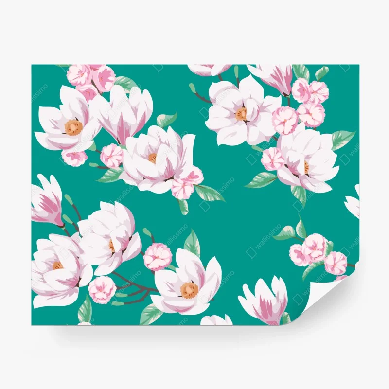 Carta da parati magnolie delicate su sfondo turchese