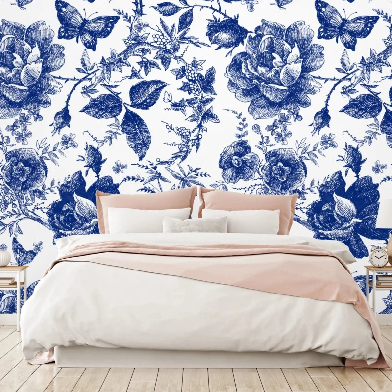 Carta da parati motivo floreale blu in stile toile