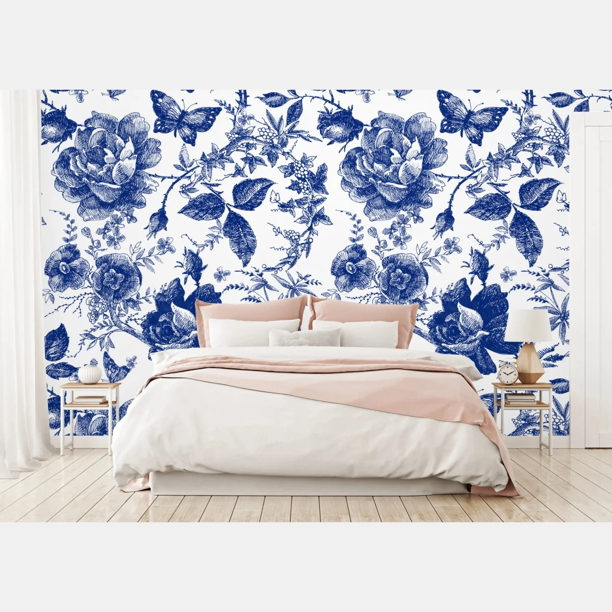 Carta da parati motivo floreale blu in stile toile • Wallissimo® Carta da parati motivo floreale blu in stile toile • Wallissimo®