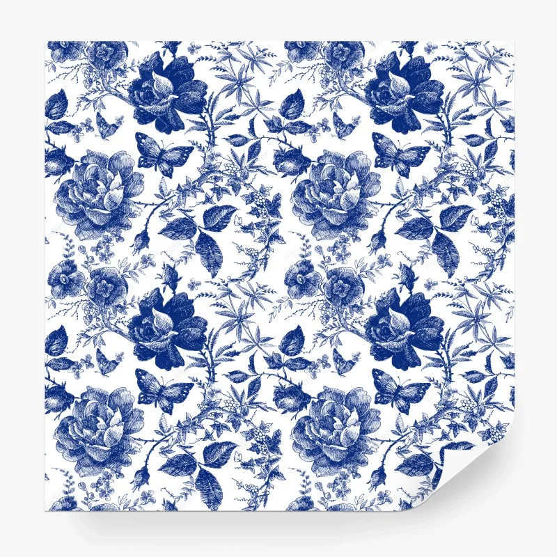 Carta da parati motivo floreale blu in stile toile