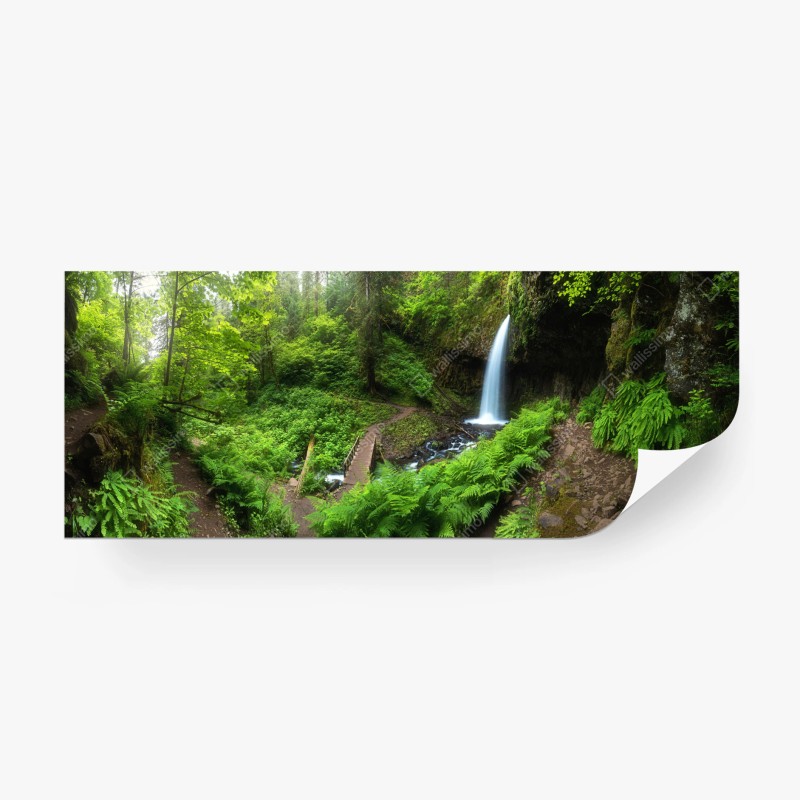 Carta da parati oasi verde con cascata e passerella