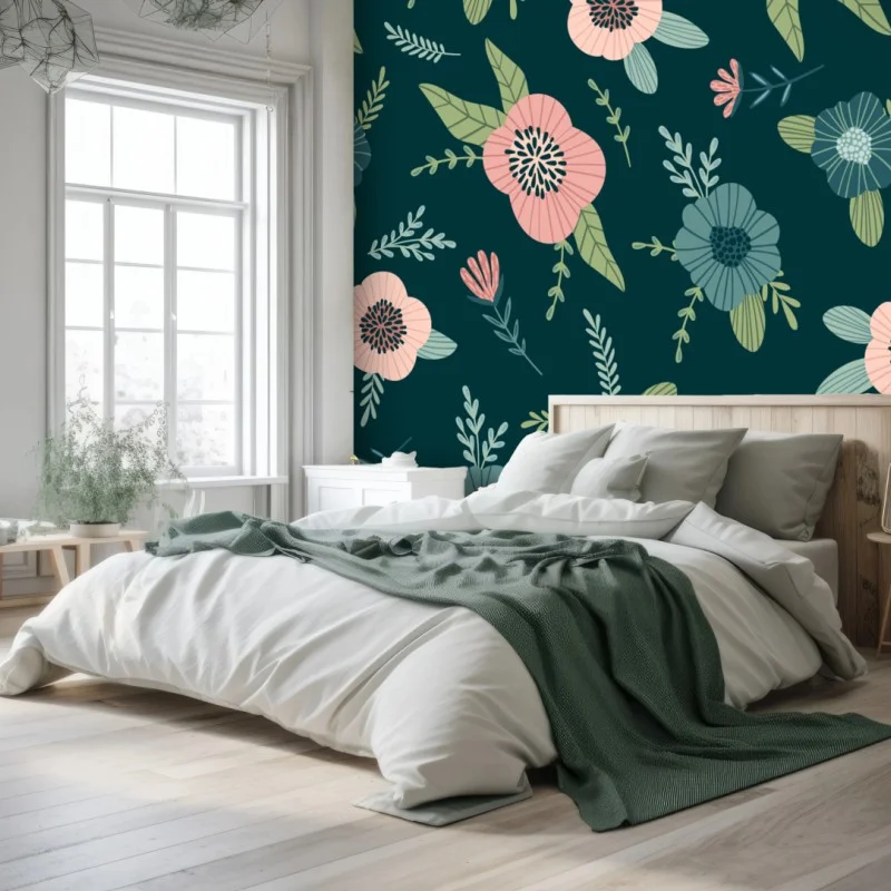 Carta da parati motivo floreale elegante su sfondo verde scuro