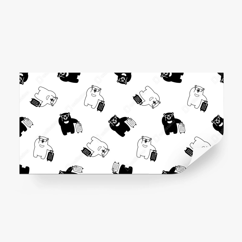 Carta da parati orsetti viaggiatori in pattern minimal in bianco e nero