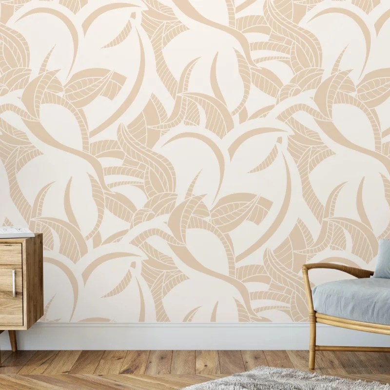 Carta da parati motivo di foglie beige elegante