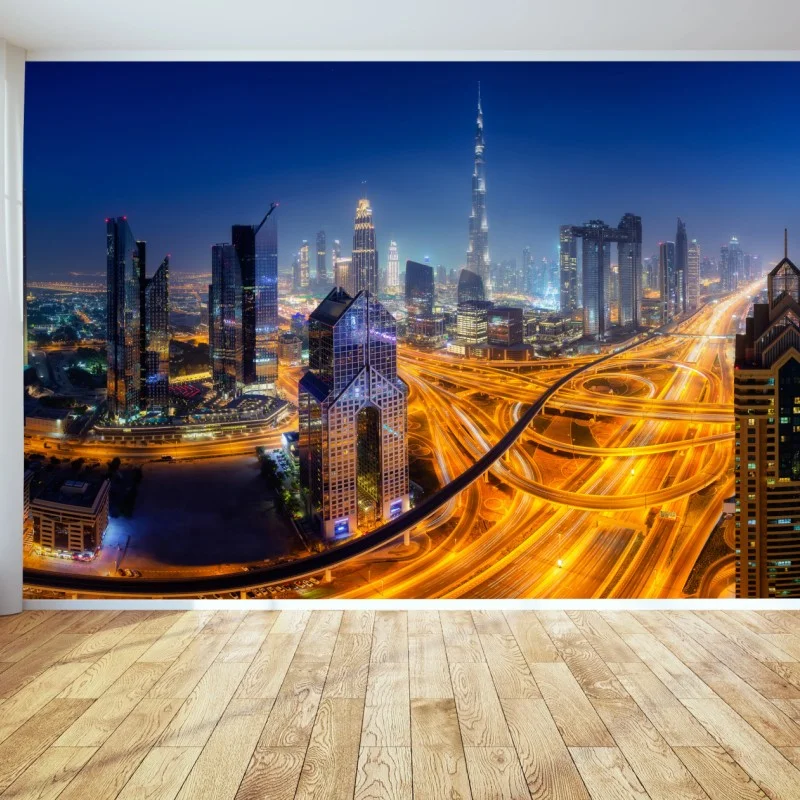 Carta da parati panoramica notturna di Dubai