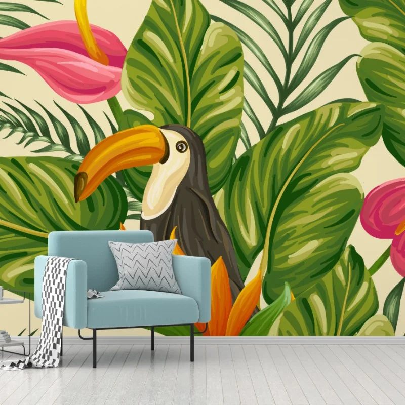 Carta da parati giungla tropicale con tucano e fiori colorati