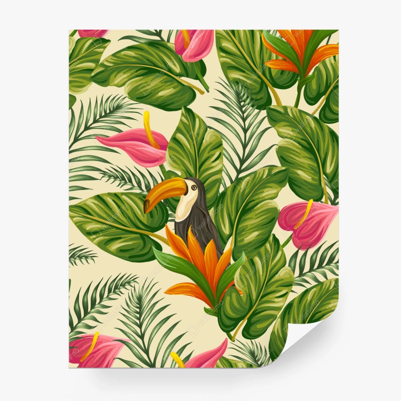 Carta da parati giungla tropicale con tucano e fiori colorati