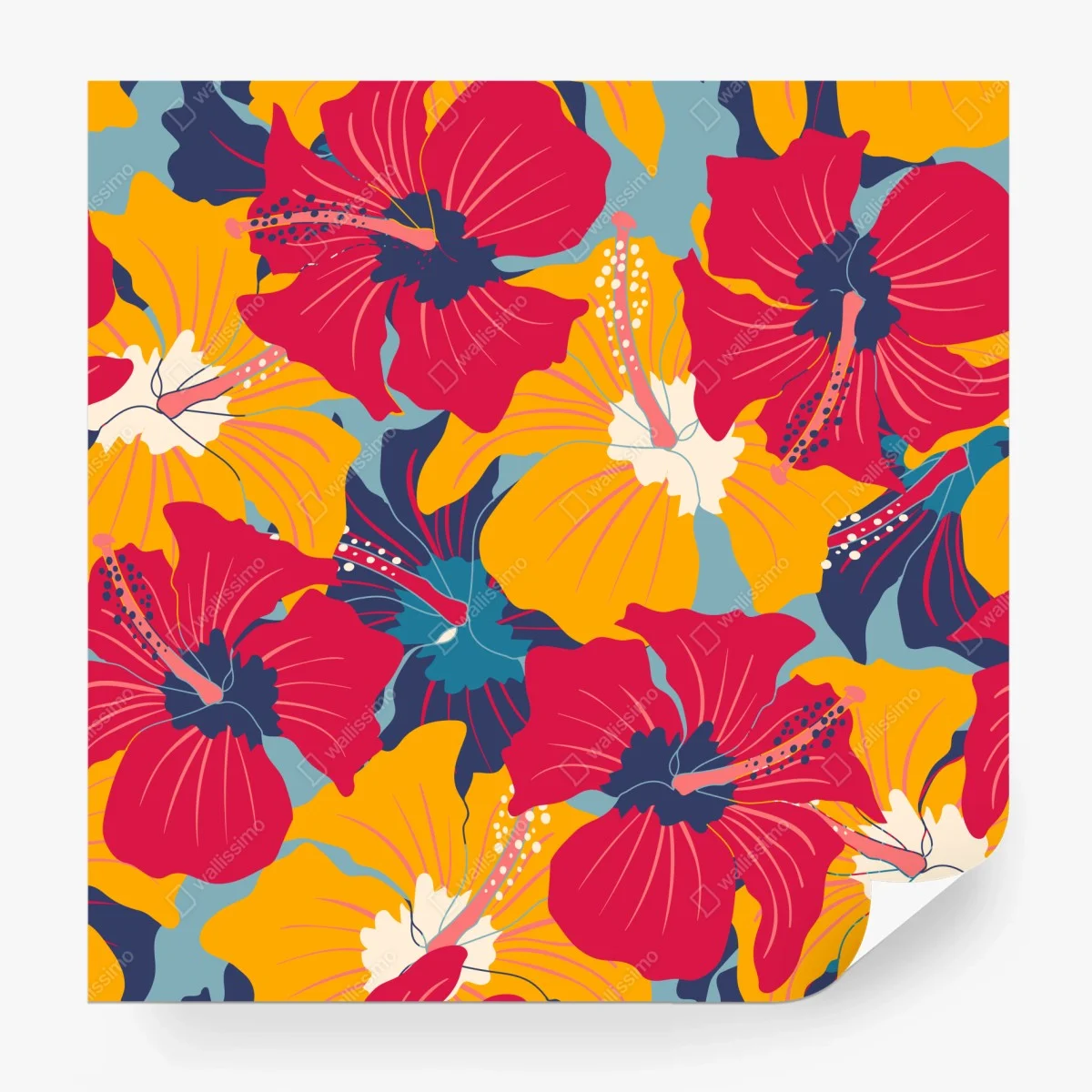 Carta da parati motivo vintage tropicale di ibischi colorati • Wallissimo®