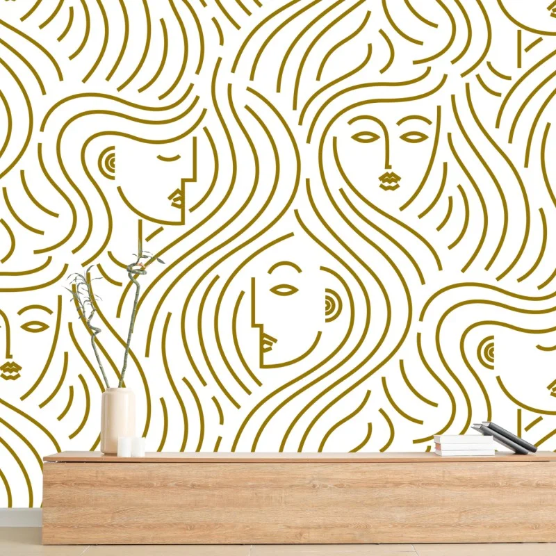 Carta da parati motivo dorato di volti femminili intrecciati