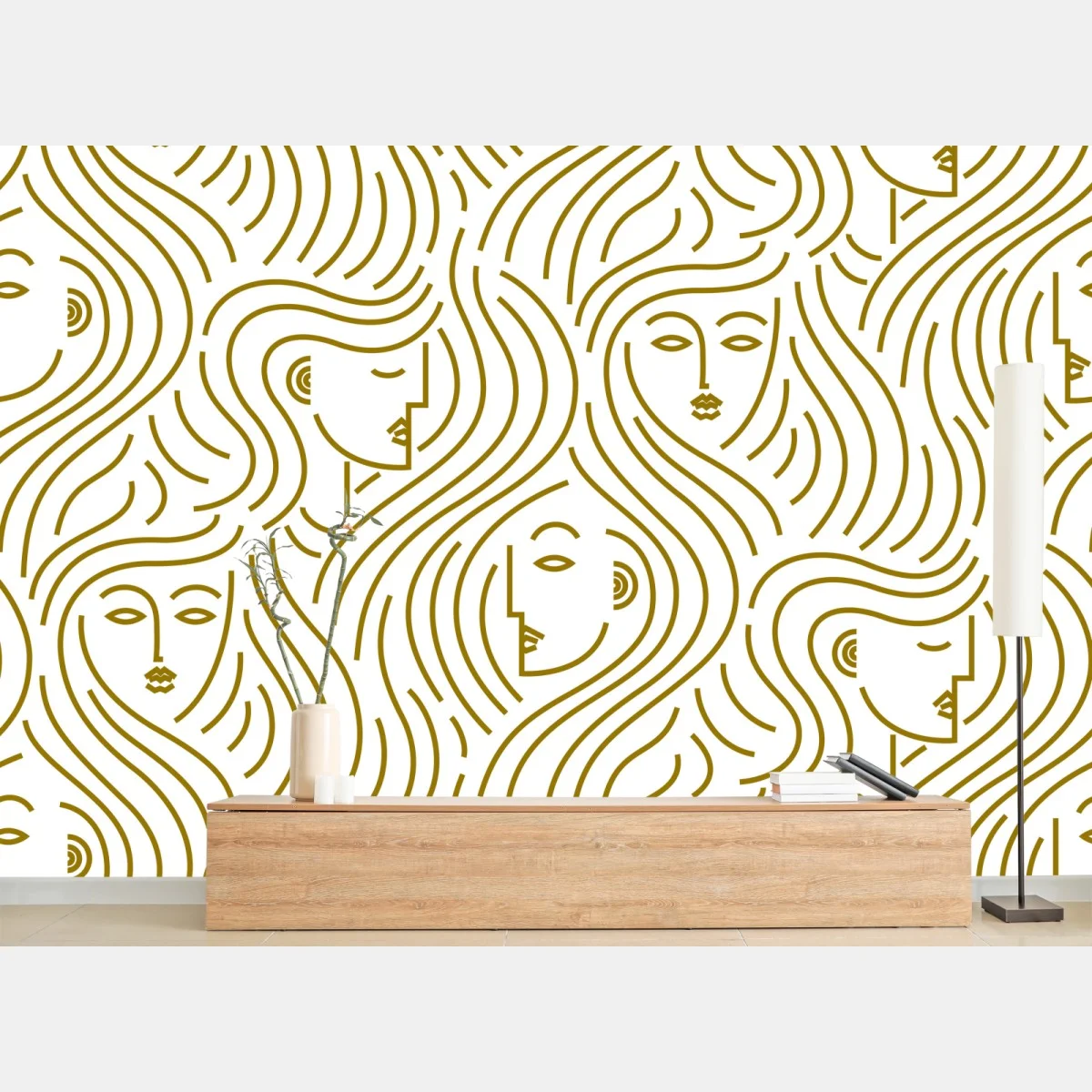 Carta da parati motivo dorato di volti femminili intrecciati • Wallissimo® Carta da parati motivo dorato di volti femminili intrecciati • Wallissimo®