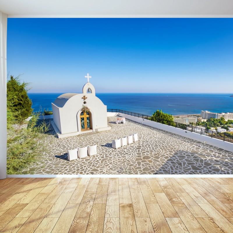 Carta da parati cappella bianca con vista su Faliraki, Rodi