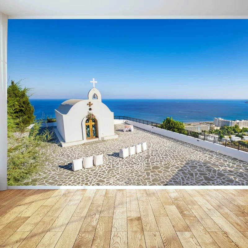 Carta da parati cappella bianca con vista su Faliraki, Rodi