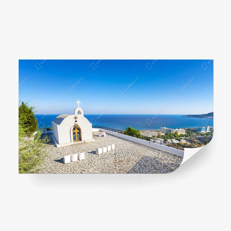 Carta da parati cappella bianca con vista su Faliraki, Rodi