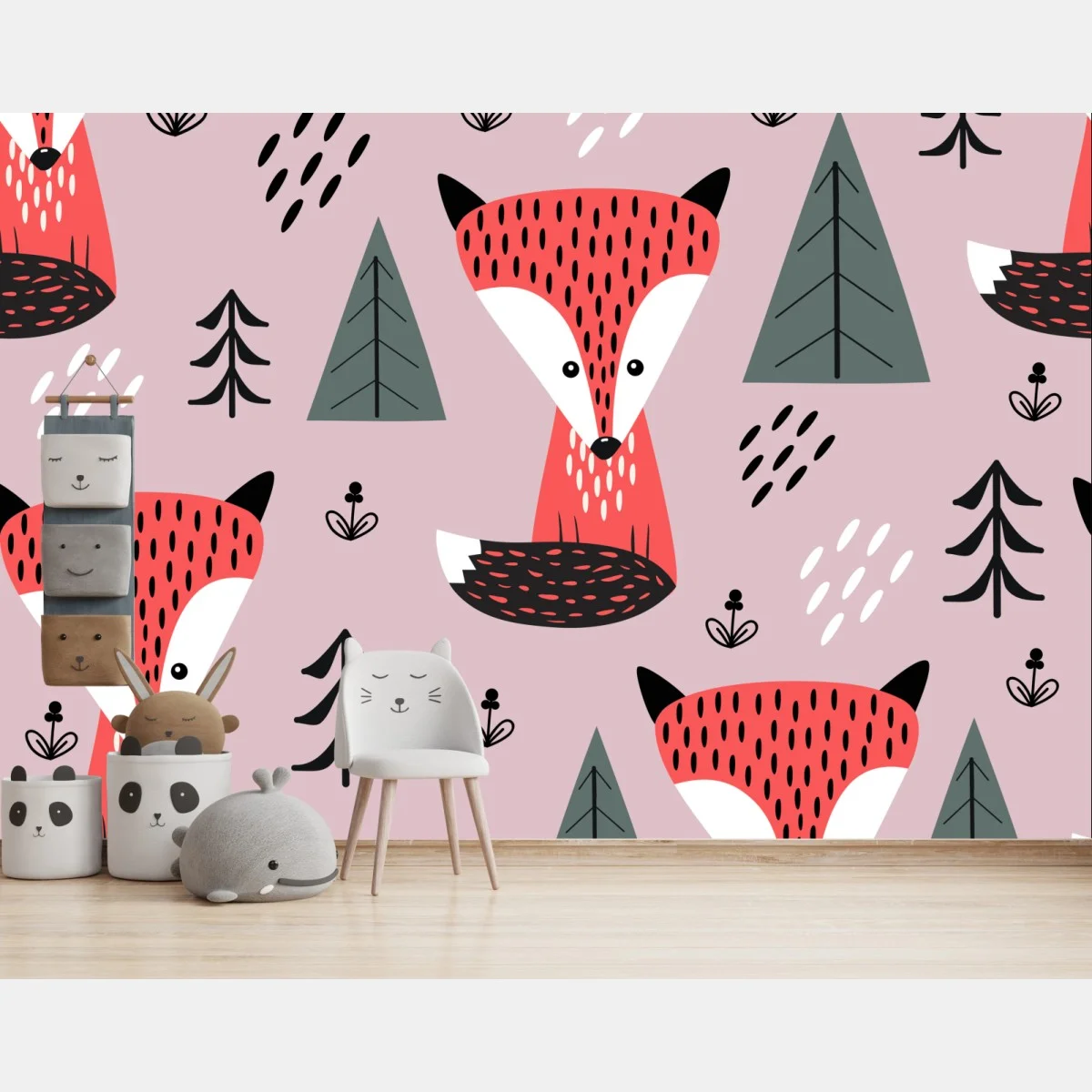 Carta da parati motivo giocoso di volpi rosa e alberi • Wallissimo® Carta da parati motivo giocoso di volpi rosa e alberi • Wallissimo®