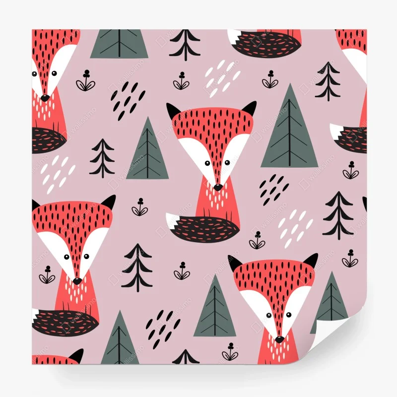 Carta da parati motivo giocoso di volpi rosa e alberi