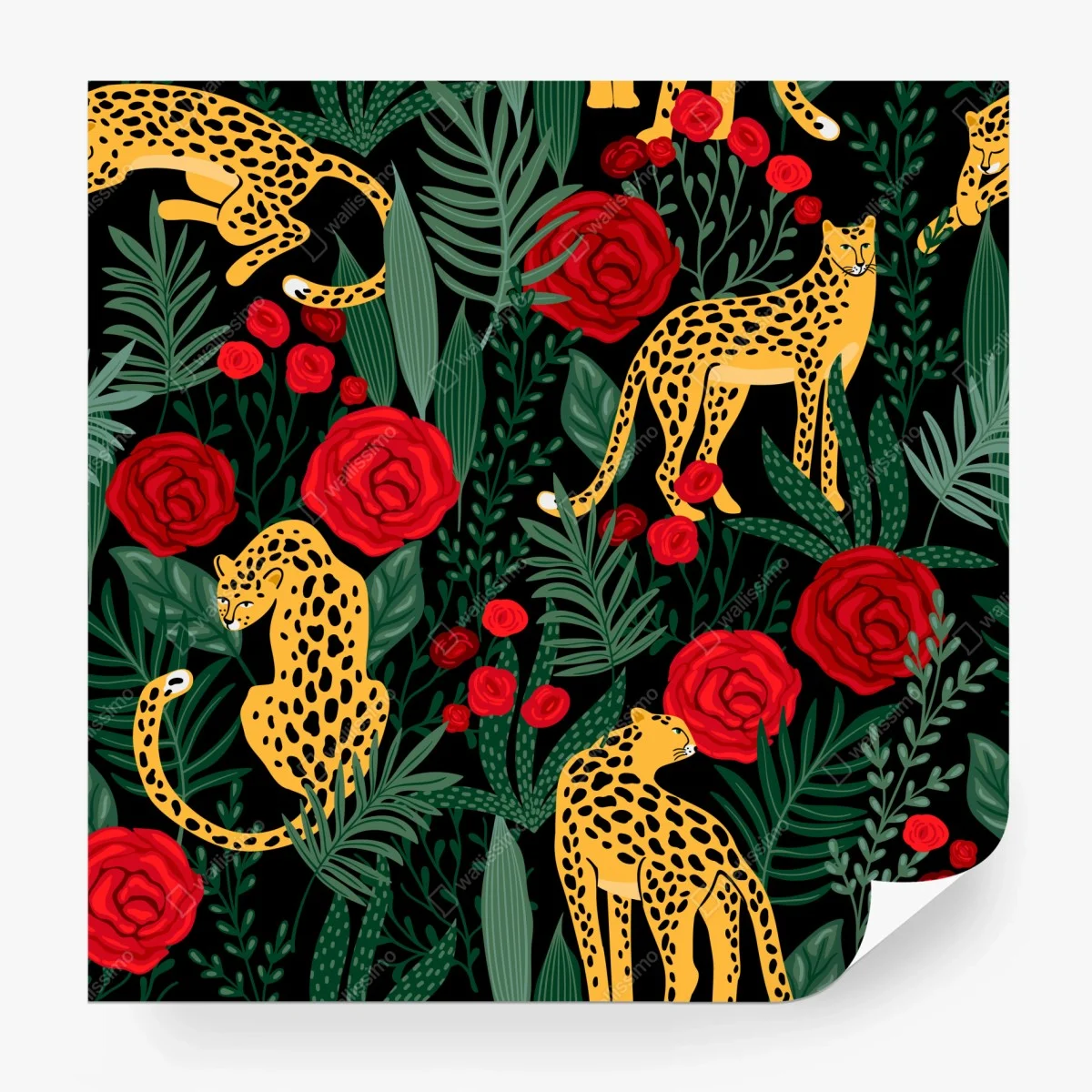 Carta da parati felini maculati e rose su sfondo nero • Wallissimo® Carta da parati felini maculati e rose su sfondo nero • Wallissimo®