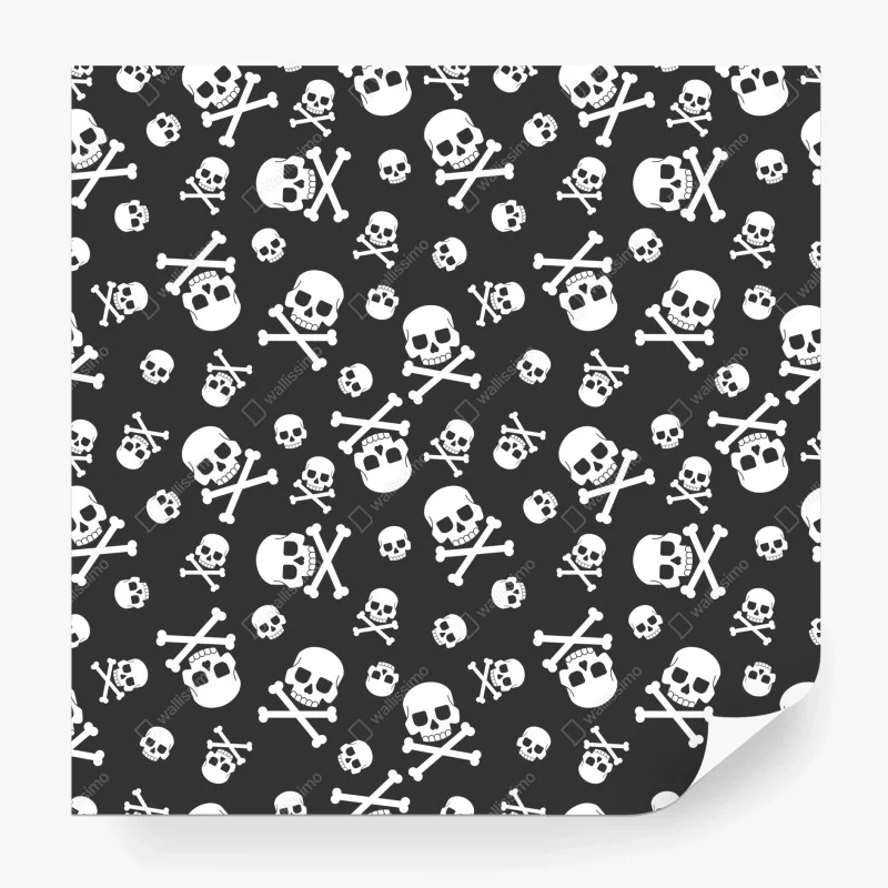 Carta da parati motivo teschi e ossa incrociate su sfondo scuro