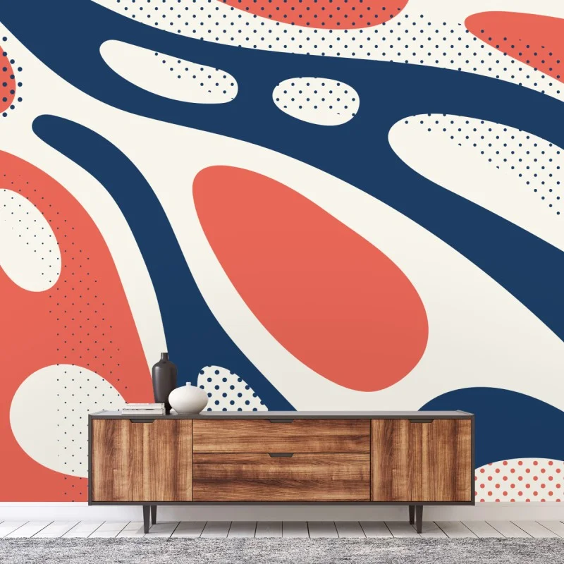 Carta da parati composizione astratta pop art in toni corallo e blu