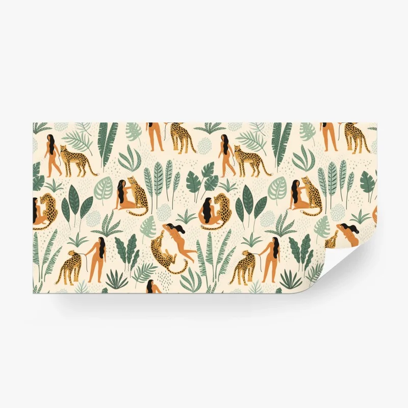 Carta da parati motivo botanico con donne e ghepardi