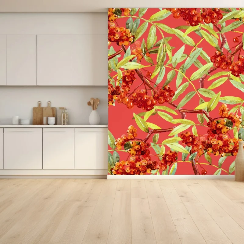 Carta da parati motivo botanico di bacche di sorbo su sfondo corallo