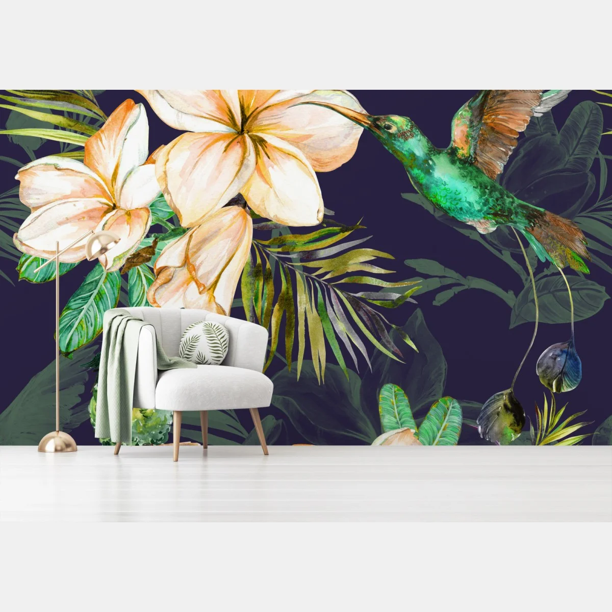 Carta da parati motivo tropicale con colibrì e plumeria su sfondo scuro • Wallissimo® Carta da parati motivo tropicale con colibrì e plumeria su sfondo scuro • Wallissimo®