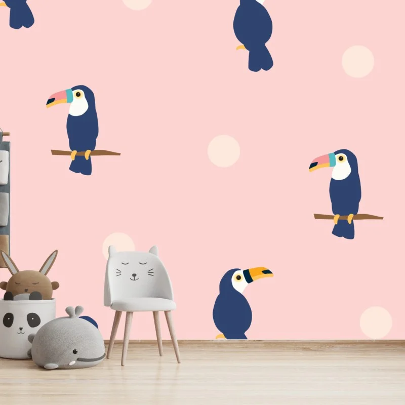 Carta da parati tucani tropicali su sfondo rosa