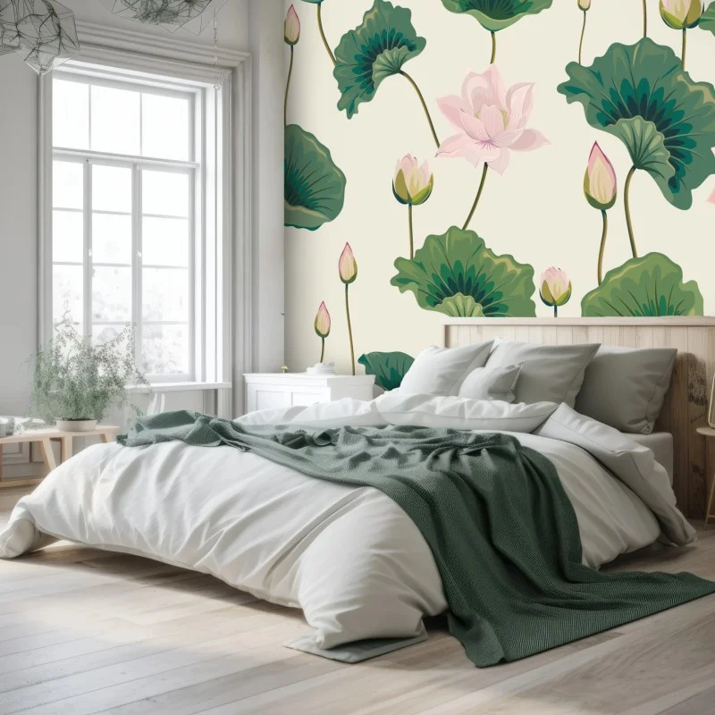 Carta da parati motivo di fiori di loto rosa su sfondo crema