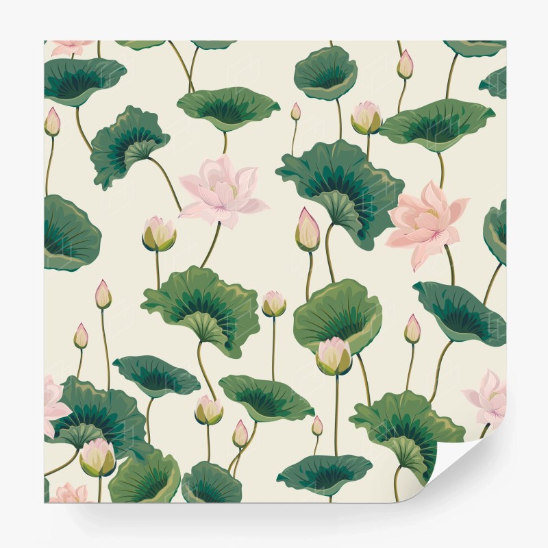 Carta da parati motivo di fiori di loto rosa su sfondo crema