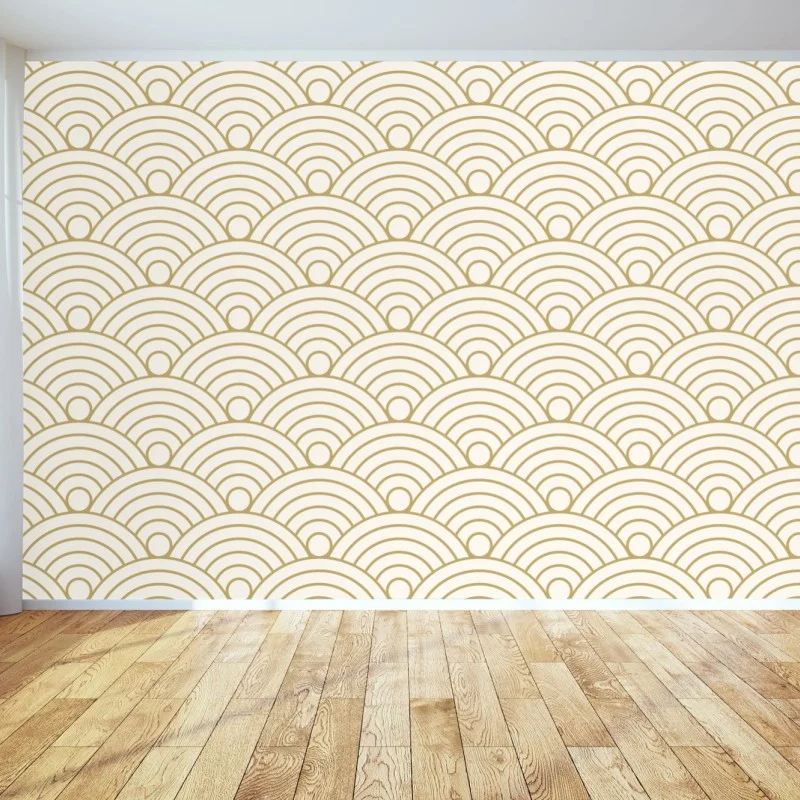 Carta da parati motivo onde giapponesi dorate su sfondo crema