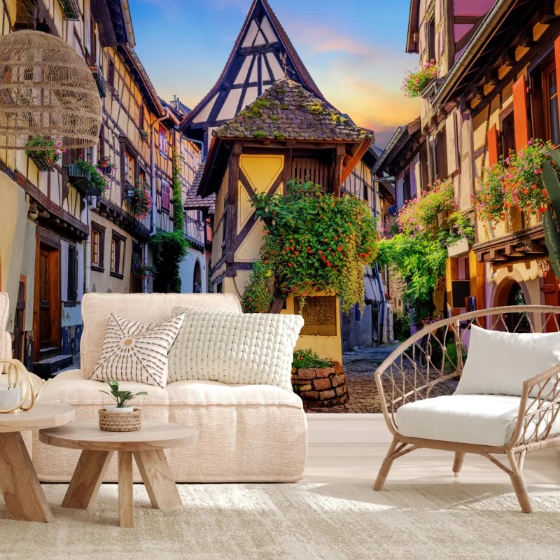 Carta da parati scorcio fiabesco tra le case a graticcio di Eguisheim