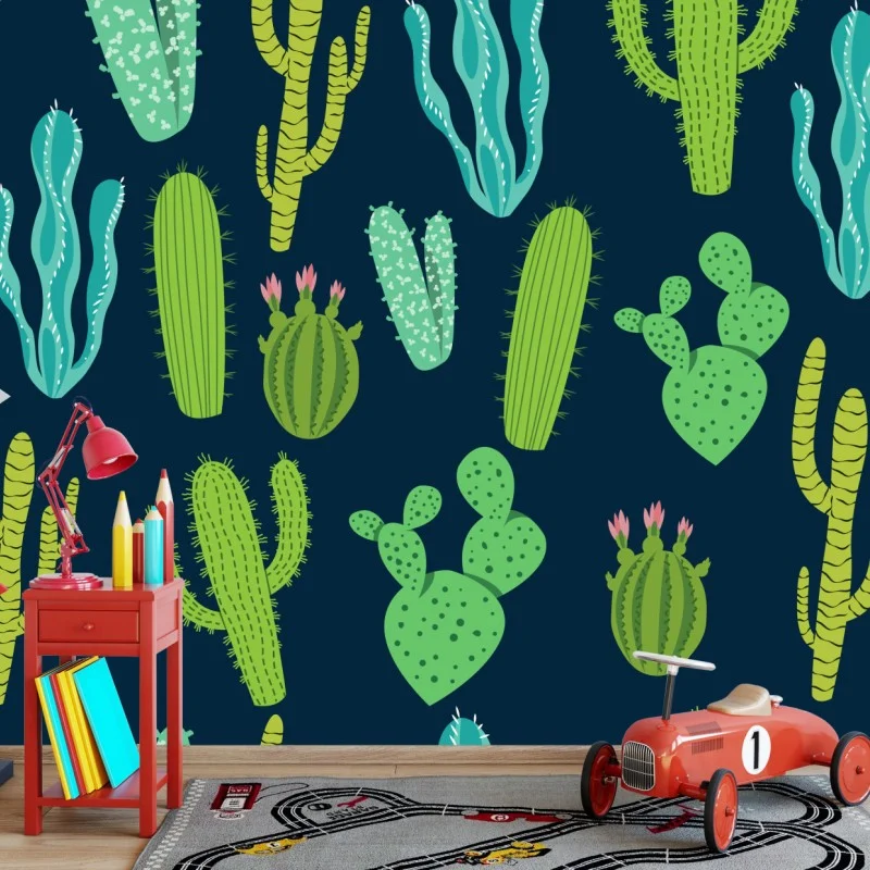 Carta da parati pattern di cactus e succulente in tonalità verdi
