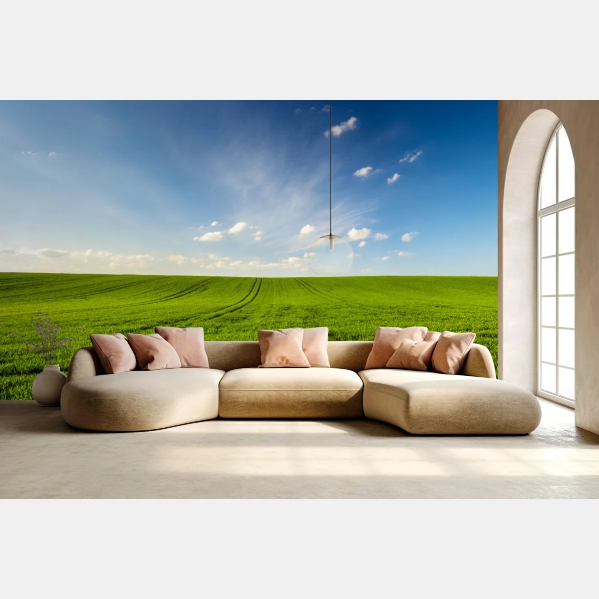 Carta da parati panorama primaverile campo di grano verde • Wallissimo® Carta da parati panorama primaverile campo di grano verde • Wallissimo®