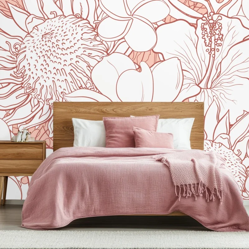 Carta da parati motivo floreale botanico in tonalità corallo