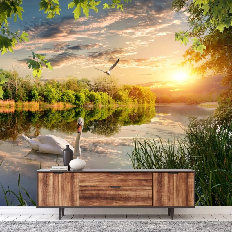 Carta da parati tramonto sul lago con cigno e riflessi • Wallissimo® Carta da parati tramonto sul lago con cigno e riflessi • Wallissimo®
