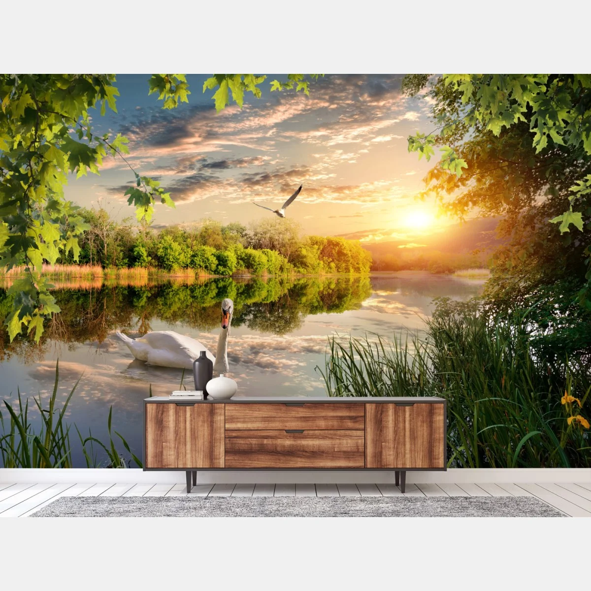 Carta da parati tramonto sul lago con cigno e riflessi • Wallissimo® Carta da parati tramonto sul lago con cigno e riflessi • Wallissimo®