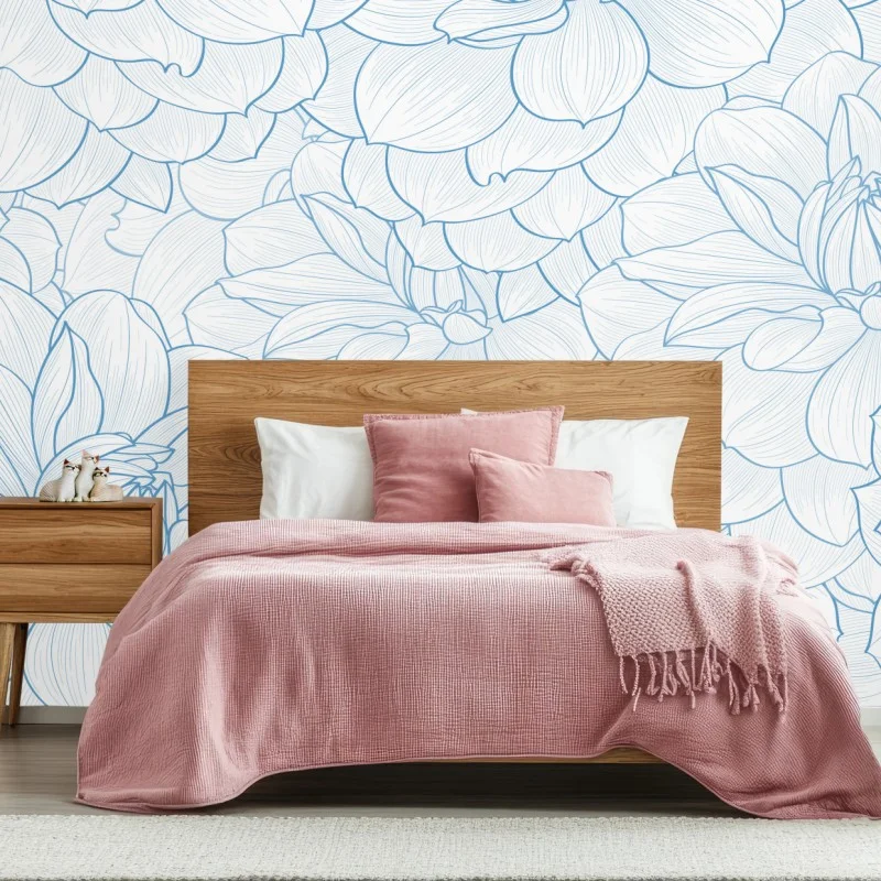 Carta da parati motivo floreale a linee sottili color azzurro