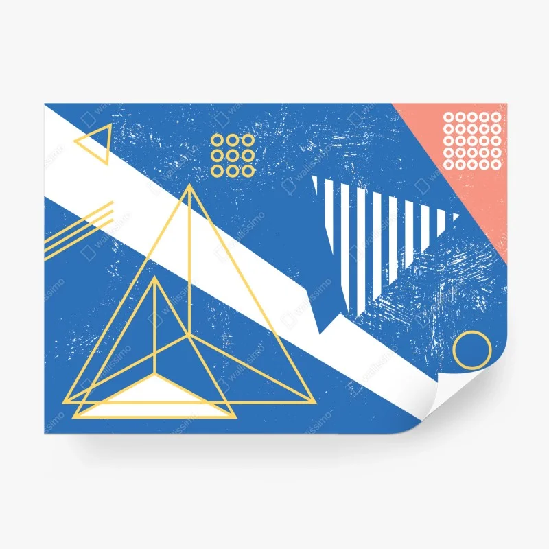 Carta da parati composizione geometrica blu e gialla in stile Memphis