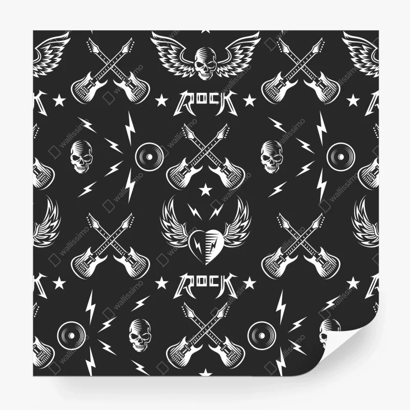 Carta da parati motivo rock bianco e nero con chitarre e teschi