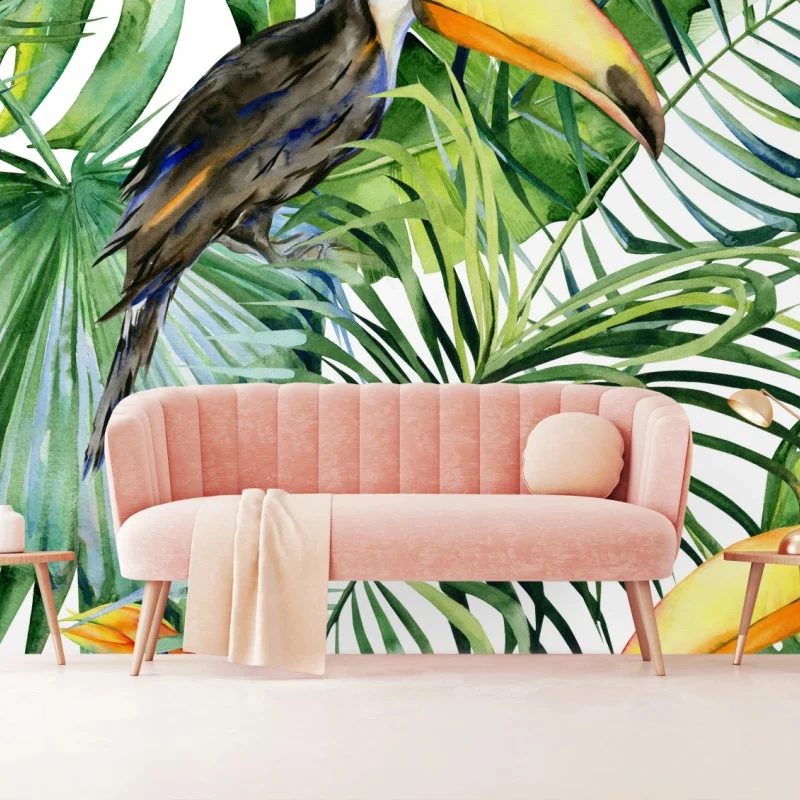 Carta da parati tucani nella giungla tropicale acquerellata