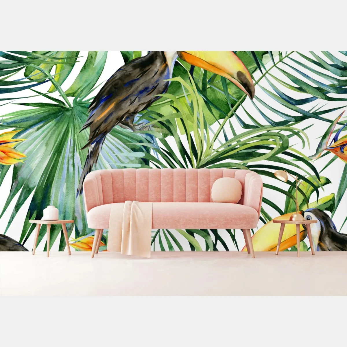 Carta da parati tucani nella giungla tropicale acquerellata • Wallissimo® Carta da parati tucani nella giungla tropicale acquerellata • Wallissimo®
