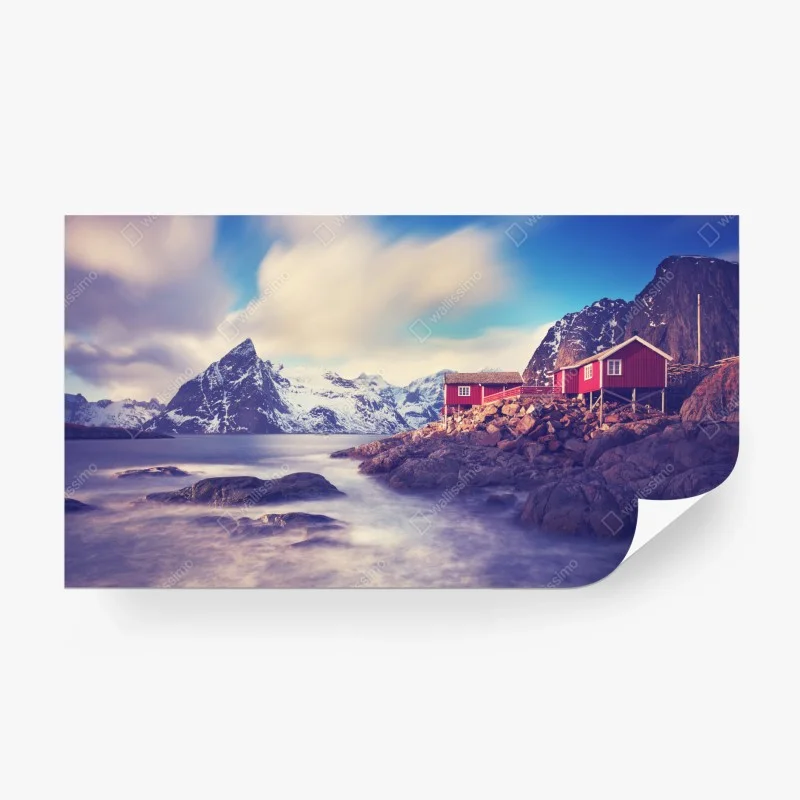 Carta da parati rifugio rosso sul fiordo innevato