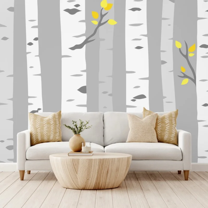 Carta da parati foresta di betulle minimal con foglie gialle
