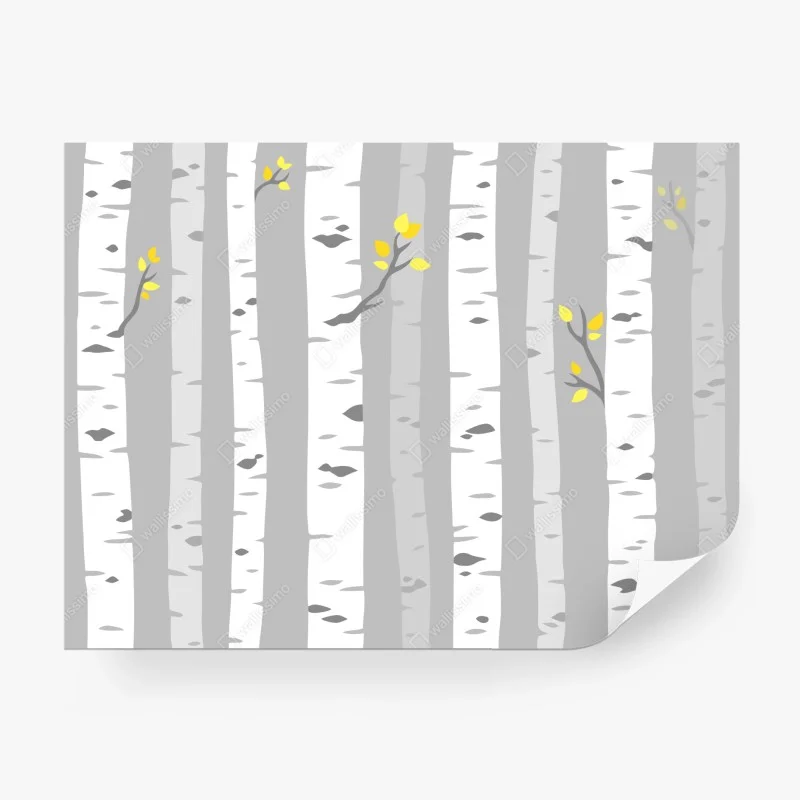 Carta da parati foresta di betulle minimal con foglie gialle