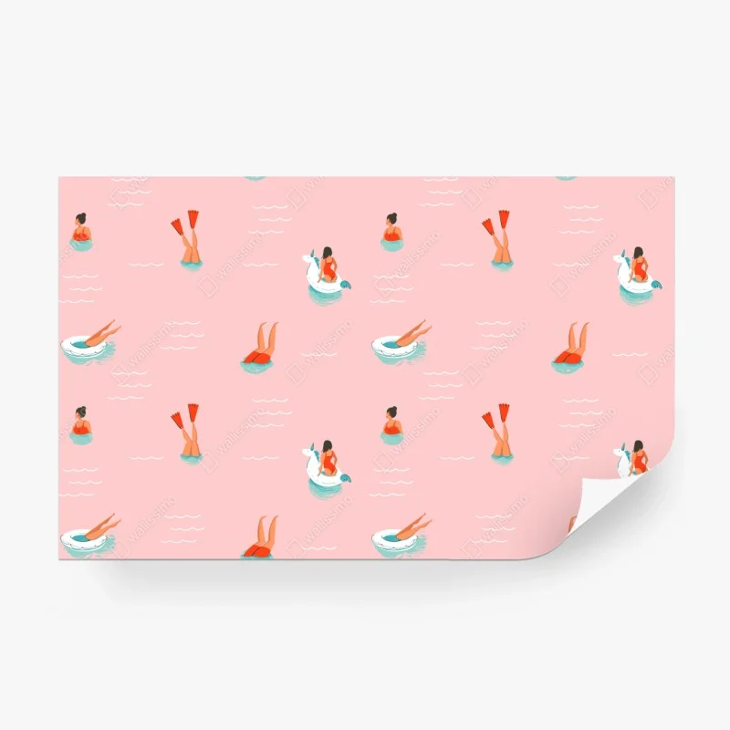 Carta da parati motivo estivo con ragazze e unicorni gonfiabili