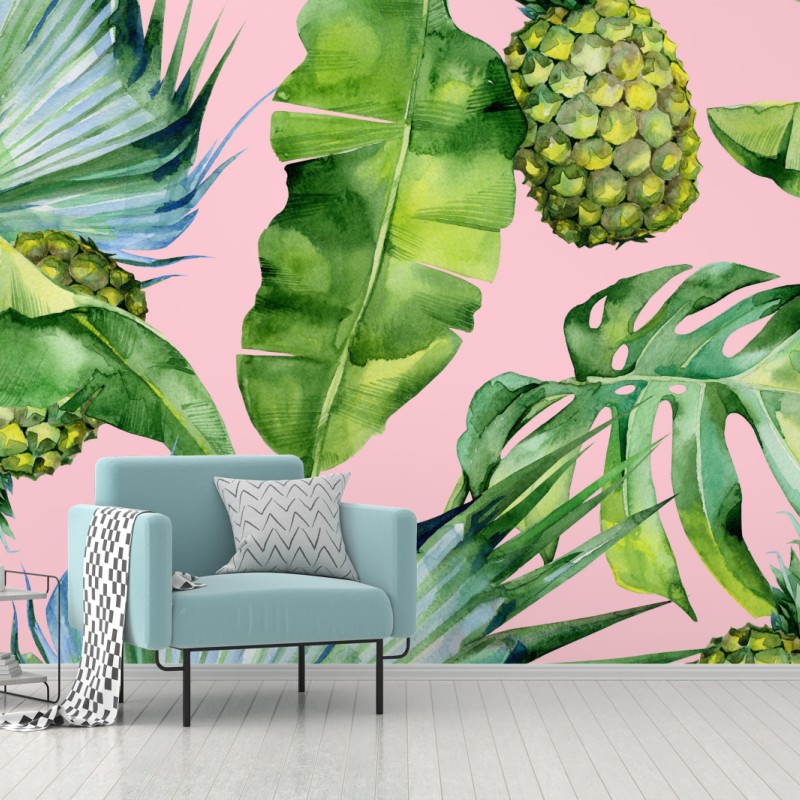 Carta da parati motivo tropicale acquerello con ananas su sfondo rosa