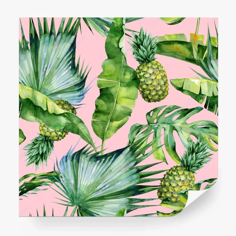 Carta da parati motivo tropicale acquerello con ananas su sfondo rosa