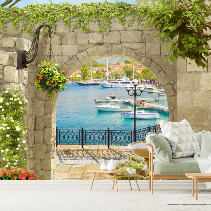 Carta da parati vista sul porto attraverso l'arco in pietra
