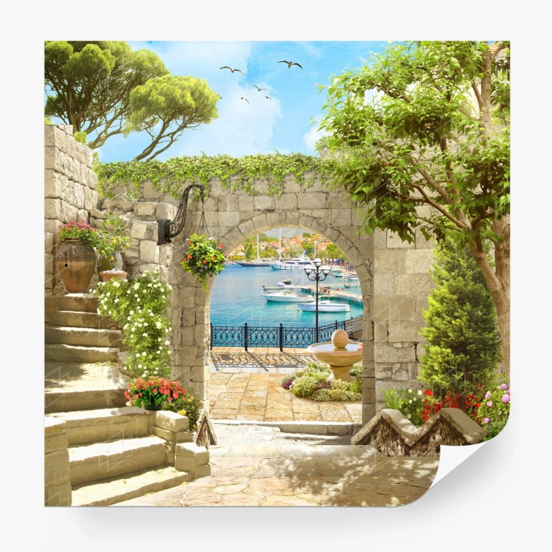 Carta da parati vista sul porto attraverso l'arco in pietra
