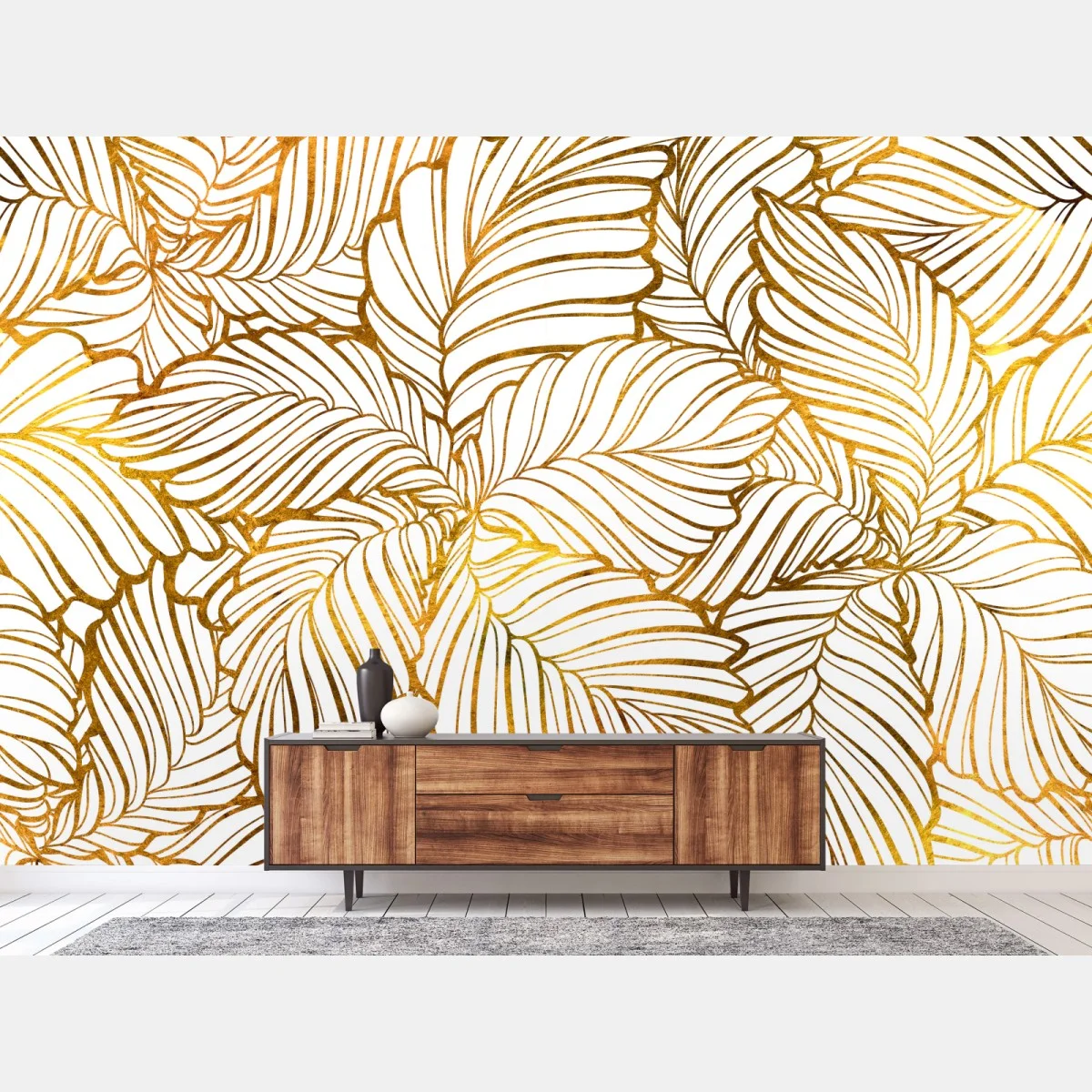 Carta da parati motivo di foglie dorate su sfondo bianco • Wallissimo® Carta da parati motivo di foglie dorate su sfondo bianco • Wallissimo®
