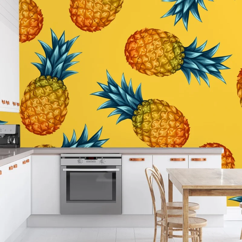 Carta da parati ananas tropicale su sfondo giallo